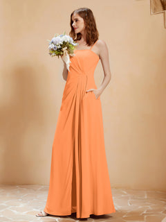 Square Neckline A-line Chiffon Dress With Pocket Orange