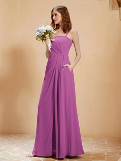 Square Neckline A-line Chiffon Dress With Pocket Orchid