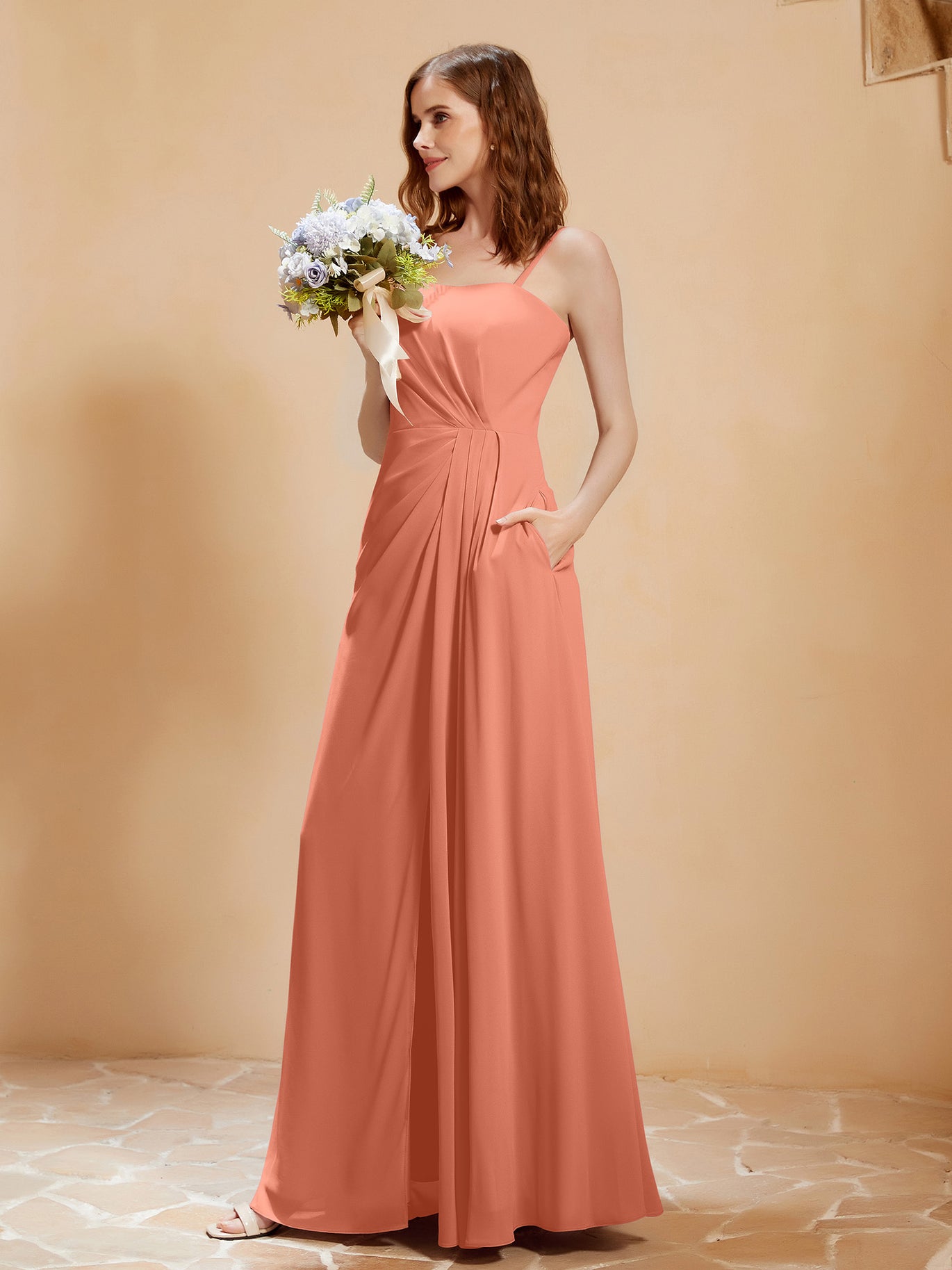 BABARONI Square Neckline A-line Chiffon Dress With Pocket Papaya, Papaya / US0 BABARONI Square Neckline A-line Chiffon Dress With Pocket Papaya, Papaya / US0