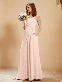 Square Neckline A-line Chiffon Dress With Pocket Pearl Pink