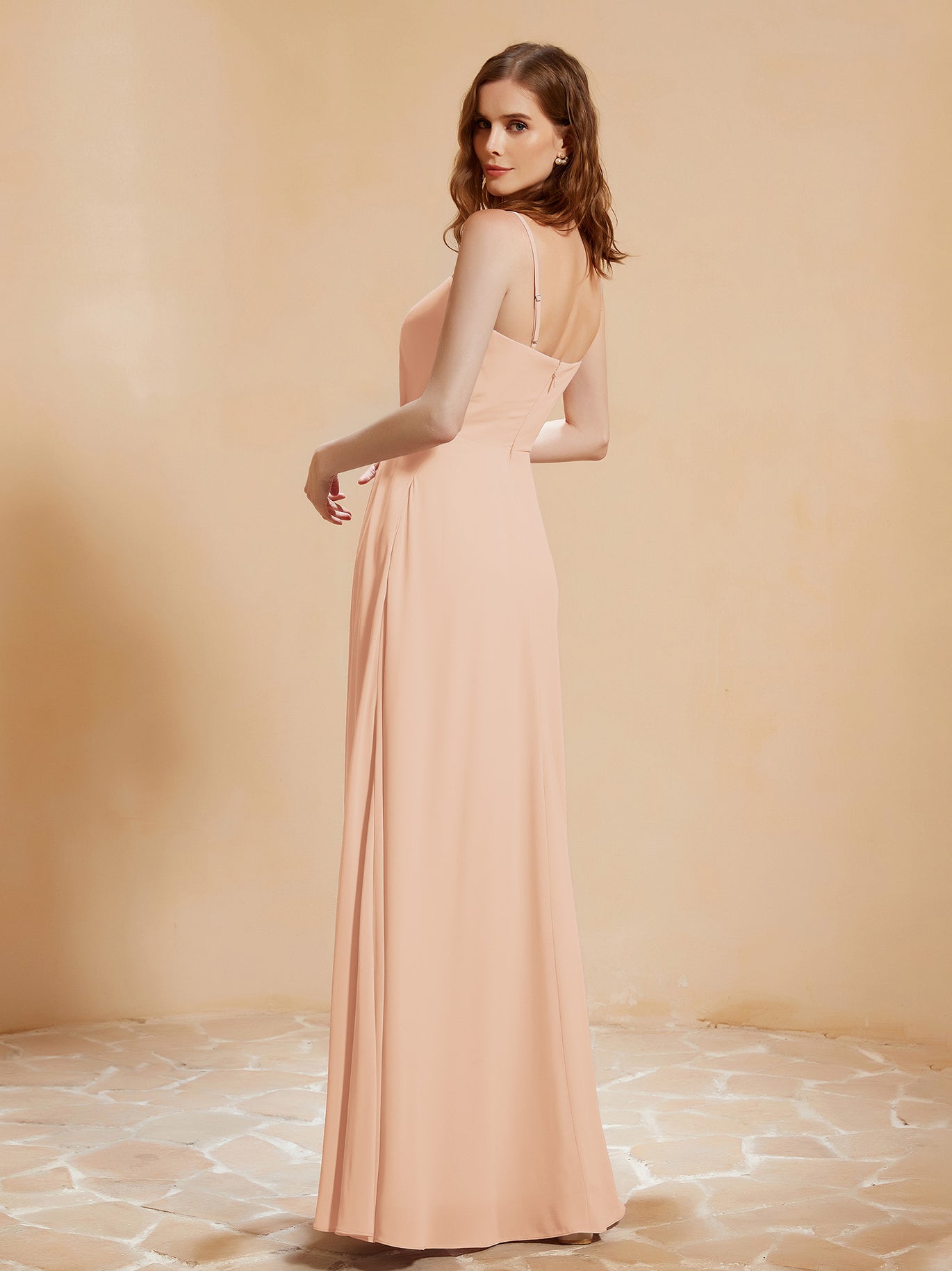 BABARONI Chiffon Pearl Pink Bridesmaid Dresses Square Floor-length Spaghetti Straps with Pocket A-line, Pearl Pink / US0