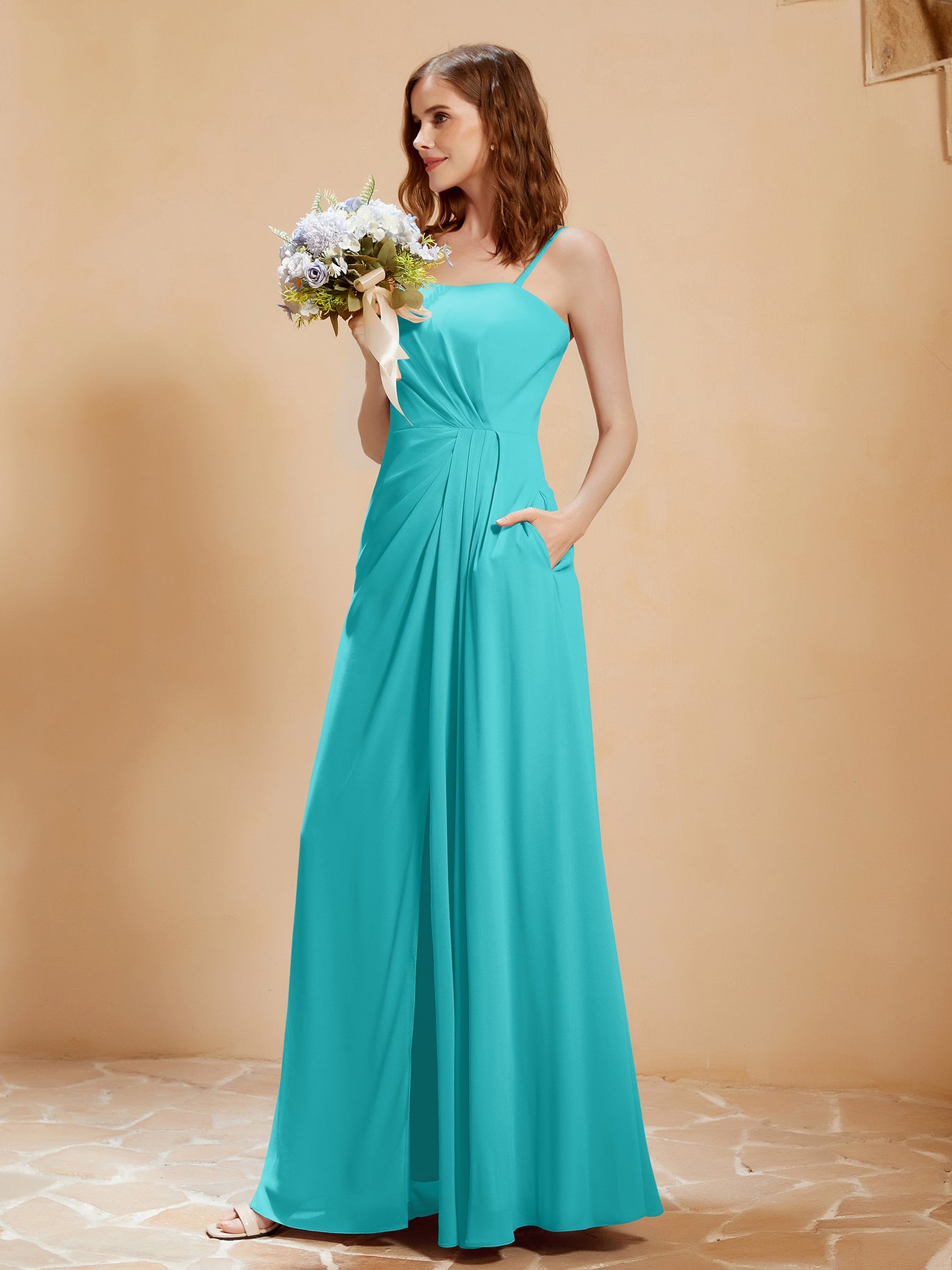 BABARONI Chiffon Pool Bridesmaid Dresses Square Floor-length Spaghetti Straps with Pocket A-line, Pool / US0