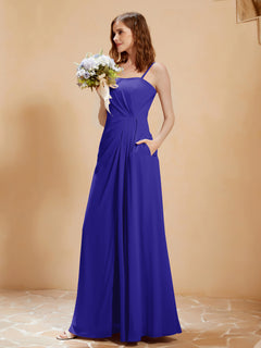 Square Neckline A-line Chiffon Dress With Pocket Royal Blue