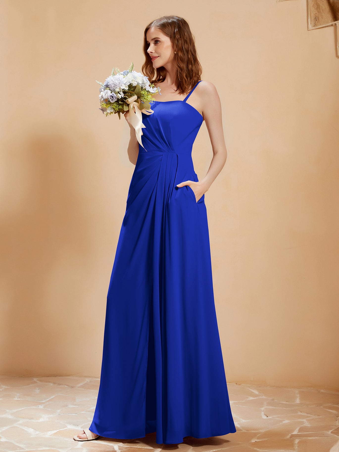 BABARONI Square Neckline A-line Chiffon Dress With Pocket Royal Blue, Royal Blue / US0