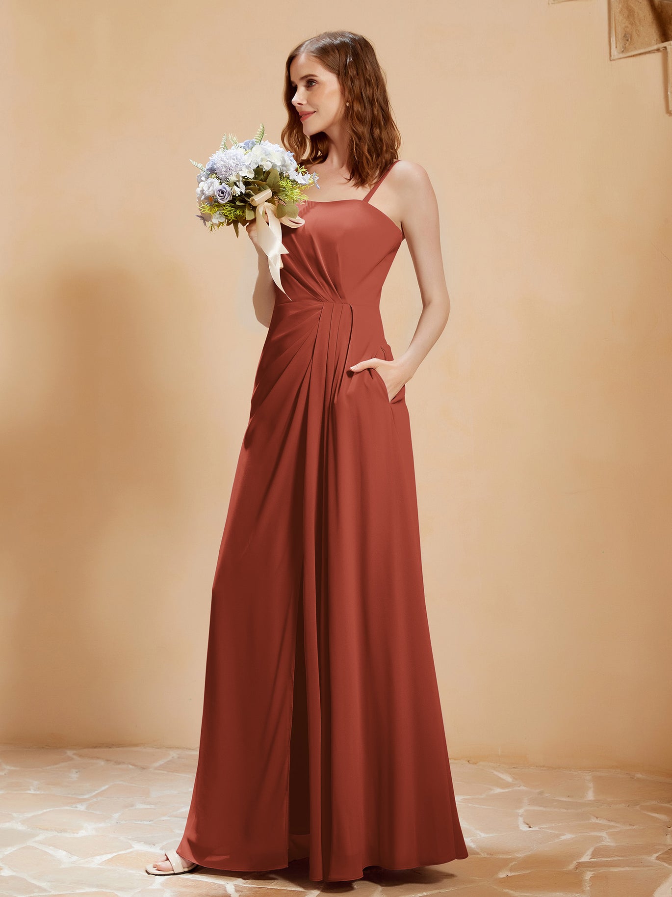 BABARONI Square Neckline A-line Chiffon Dress With Pocket Rust, Rust / US0