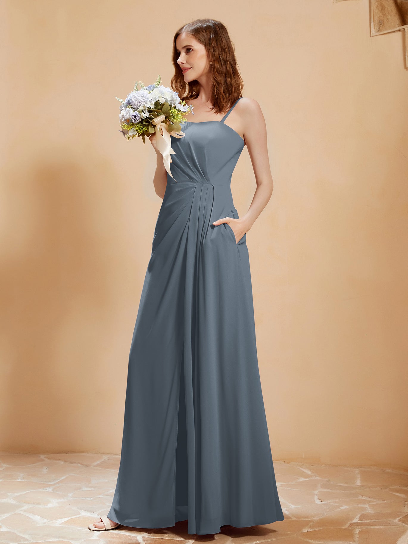 Square Neckline A-line Chiffon Dress With Pocket Slate Blue - Slate Blue / US0 Square Neckline A-line Chiffon Dress With Pocket Slate Blue - Slate Blue / US0