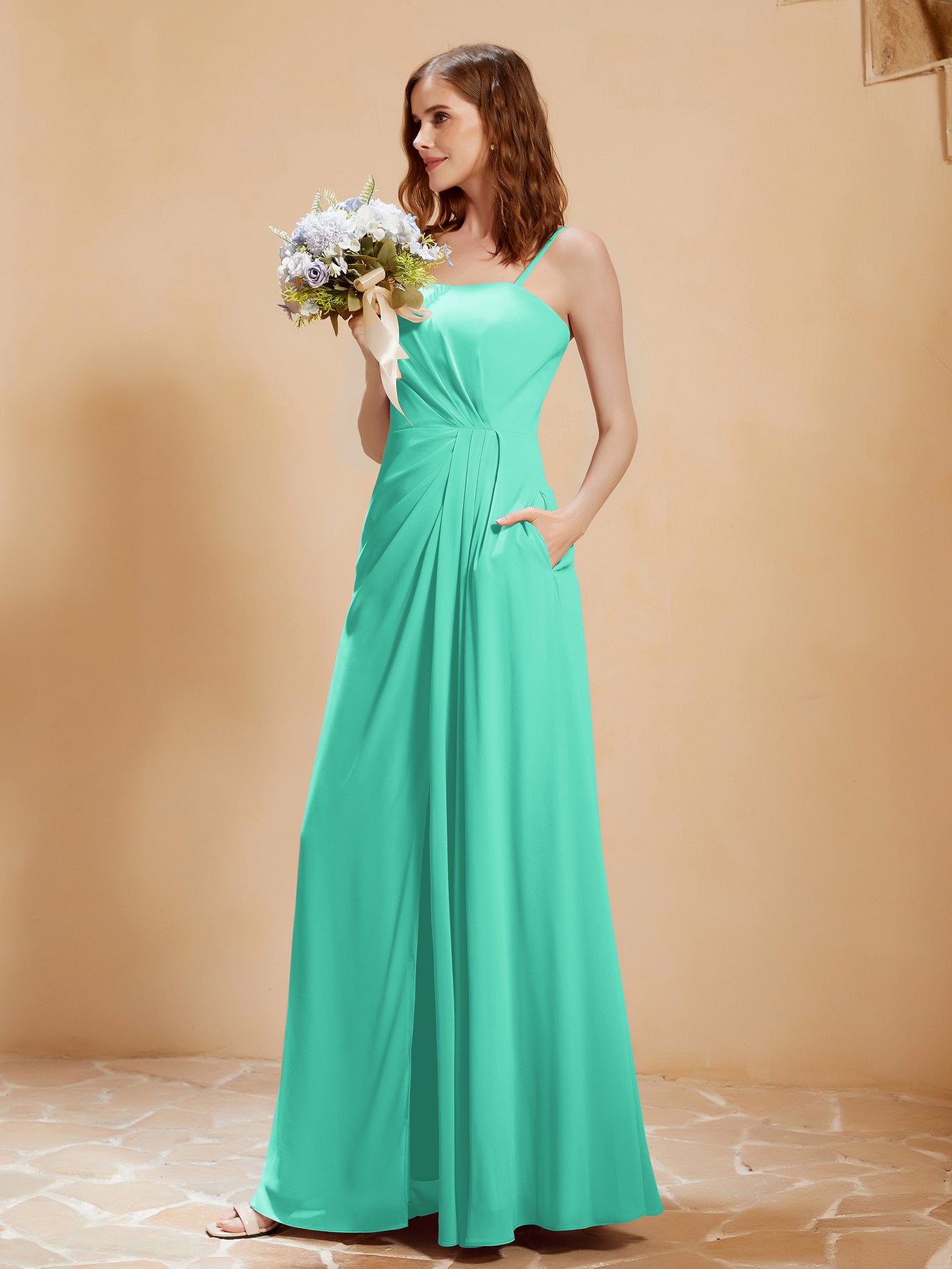 BABARONI Chiffon Spa Bridesmaid Dresses Square Floor-length Spaghetti  Straps with Pocket A-line
