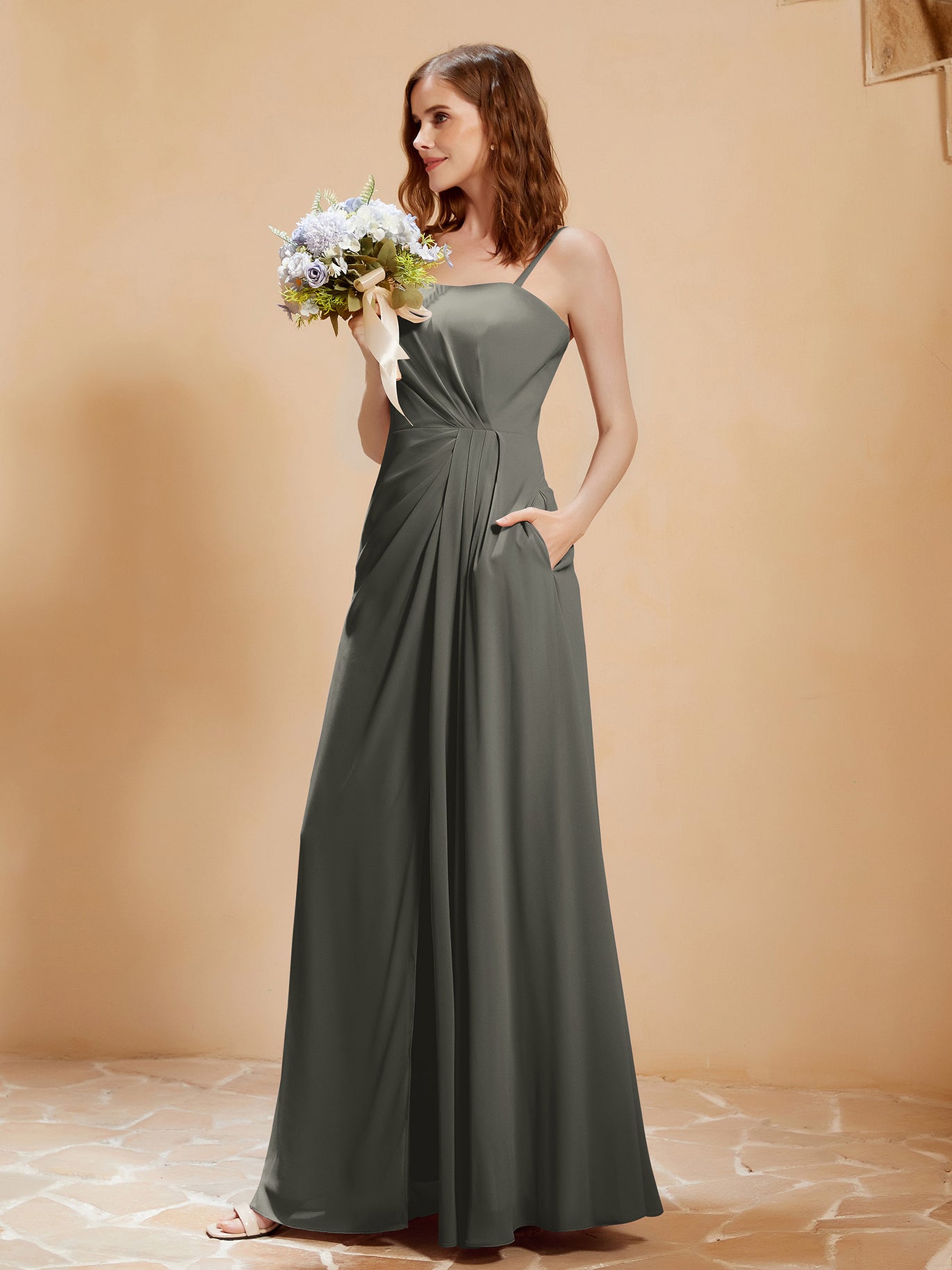 BABARONI Square Neckline A-line Chiffon Dress With Pocket Steel Grey, Steel Grey / US0