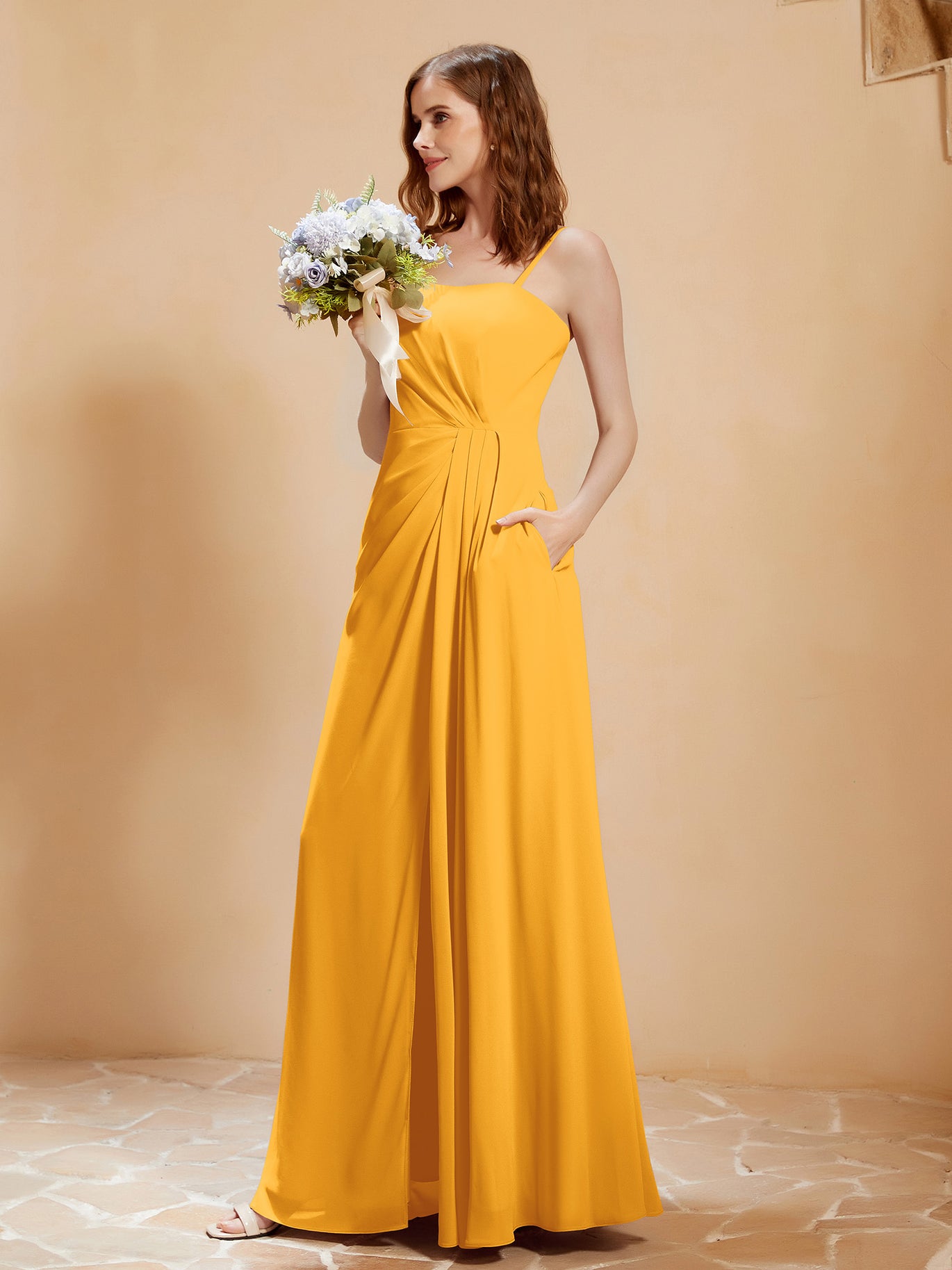 BABARONI Square Neckline A-line Chiffon Dress With Pocket Tangerine, Tangerine / US0 BABARONI Square Neckline A-line Chiffon Dress With Pocket Tangerine, Tangerine / US0