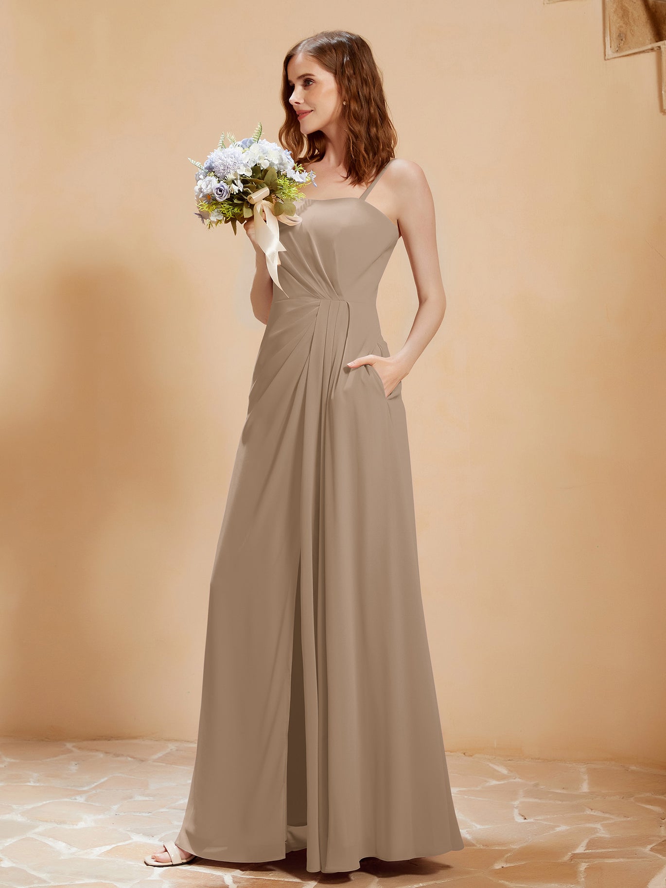 BABARONI Chiffon Taupe Bridesmaid Dresses Square Floor-length Spaghetti Straps with Pocket A-line, Taupe / US18