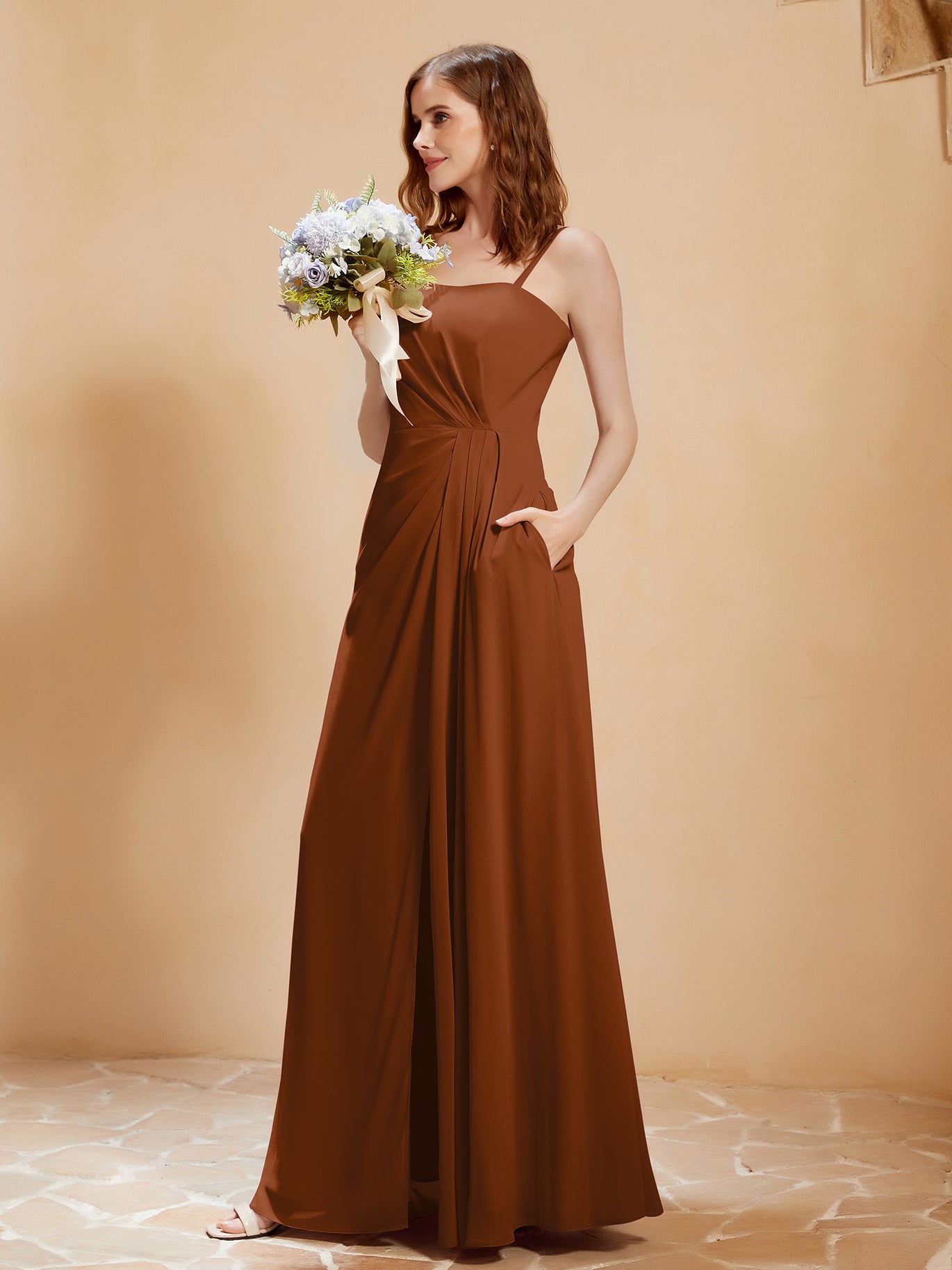 BABARONI Square Neckline A-line Chiffon Dress With Pocket Terracotta, Terracotta / US0