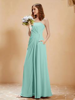 Square Neckline A-line Chiffon Dress With Pocket Turquoise