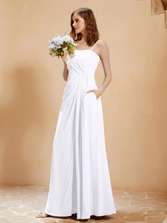 Square Neckline A-line Chiffon Dress With Pocket White