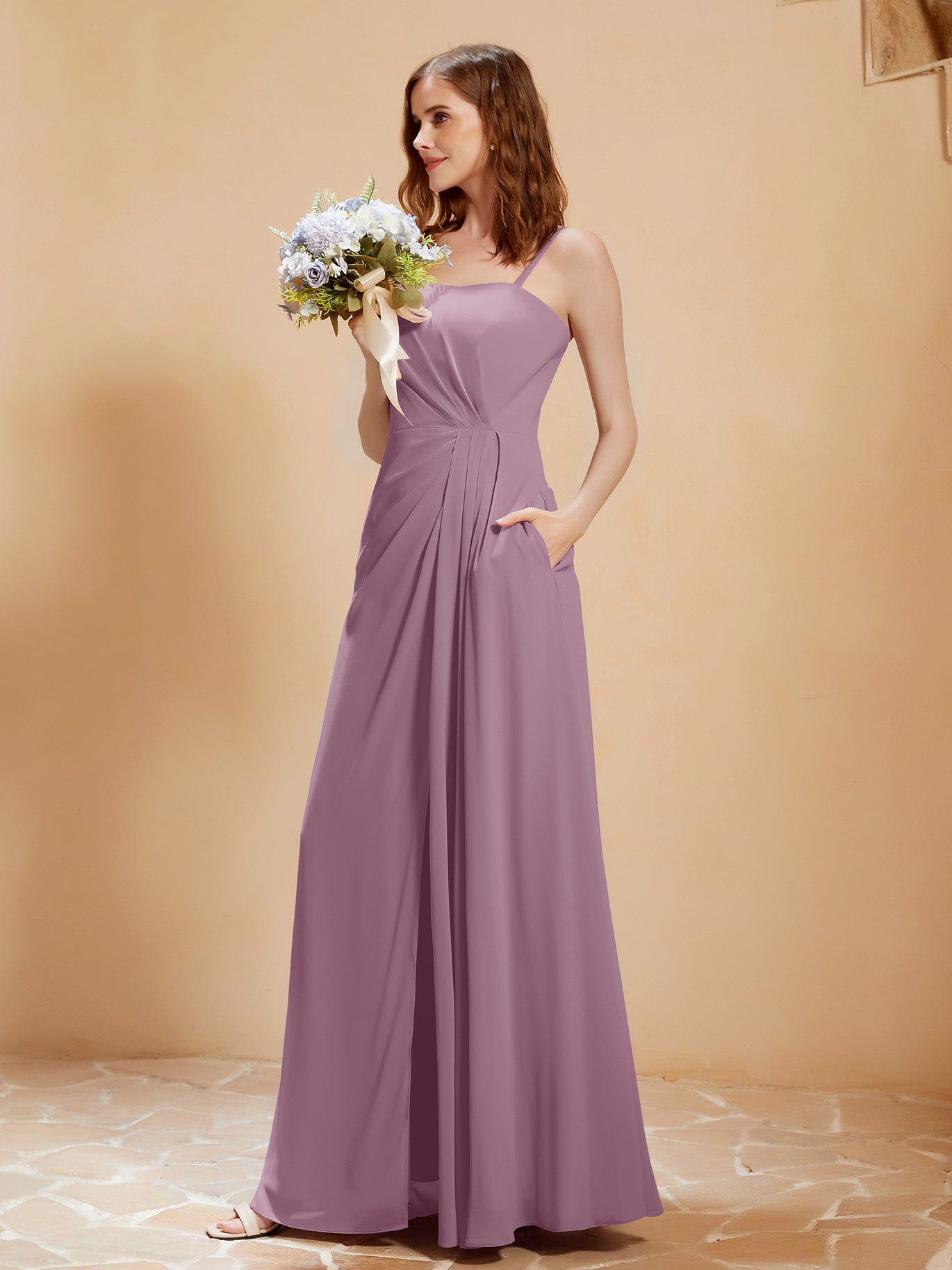 BABARONI Square Neckline A-Line Chiffon Dress with Pocket Wisteria Plus size, Wisteria / US18