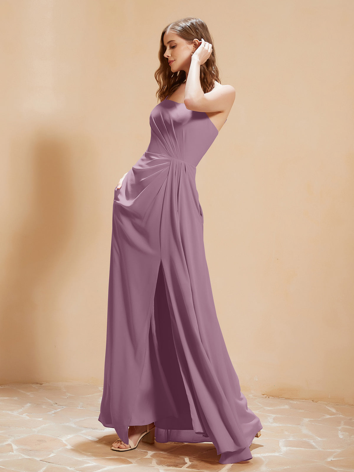 wisteria long bridesmaid dress BABARONI Chiffon Dresses Square Floor-length Spaghetti Straps with Pocket A-line, Wisteria / US0 wisteria inspired dress