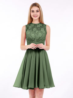 Illusion Neck Chiffon and Lace Dress-Olive Green