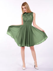 Illusion Neck Chiffon and Lace Dress-Olive Green