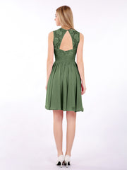 Illusion Neck Chiffon and Lace Dress-Olive Green