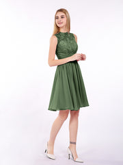 Illusion Neck Chiffon and Lace Dress-Olive Green