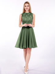 Illusion Neck Chiffon and Lace Dress-Olive Green