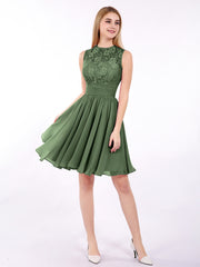 Illusion Neck Chiffon and Lace Dress-Olive Green