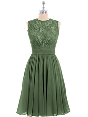 Illusion Neck Chiffon and Lace Dress-Olive Green