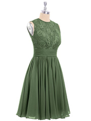 Illusion Neck Chiffon and Lace Dress-Olive Green