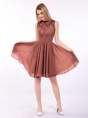 Illusion Neck Chiffon and Lace Dress-Terracotta Plus Size
