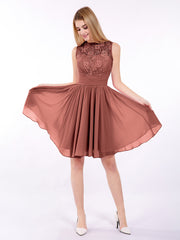 Illusion Neck Chiffon and Lace Dress-Terracotta