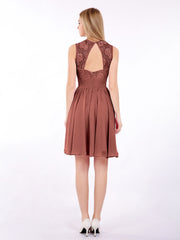Illusion Neck Chiffon and Lace Dress-Terracotta Plus Size
