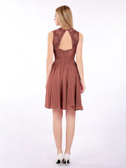 Illusion Neck Chiffon and Lace Dress-Terracotta