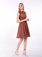Illusion Neck Chiffon and Lace Dress-Terracotta