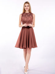 Illusion Neck Chiffon and Lace Dress-Terracotta