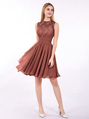 Illusion Neck Chiffon and Lace Dress-Terracotta