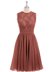 Illusion Neck Chiffon and Lace Dress-Terracotta