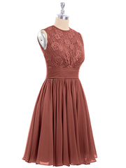 Illusion Neck Chiffon and Lace Dress-Terracotta