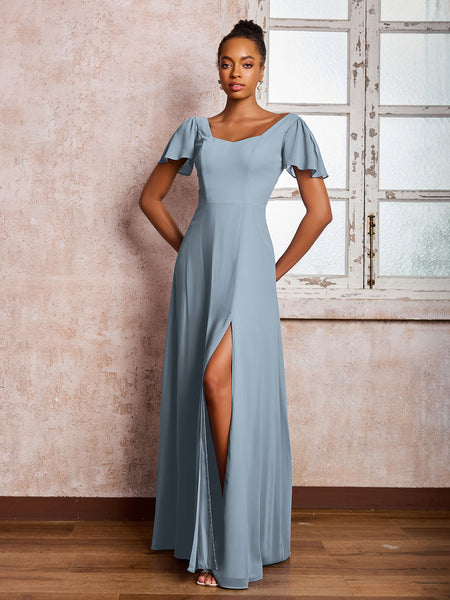 BABARONI Chiffon Taupe Bridesmaid Dresses Scoop Floor-length Flutter Sleeves with Slit A-line, Taupe / US0