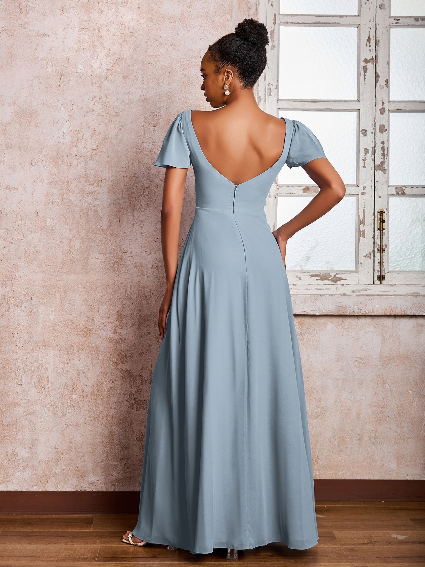 BABARONI Chiffon Sky Blue Bridesmaid Dresses Scoop Floor-length Flutter Sleeves with Slit A-line, Sky Blue / US0