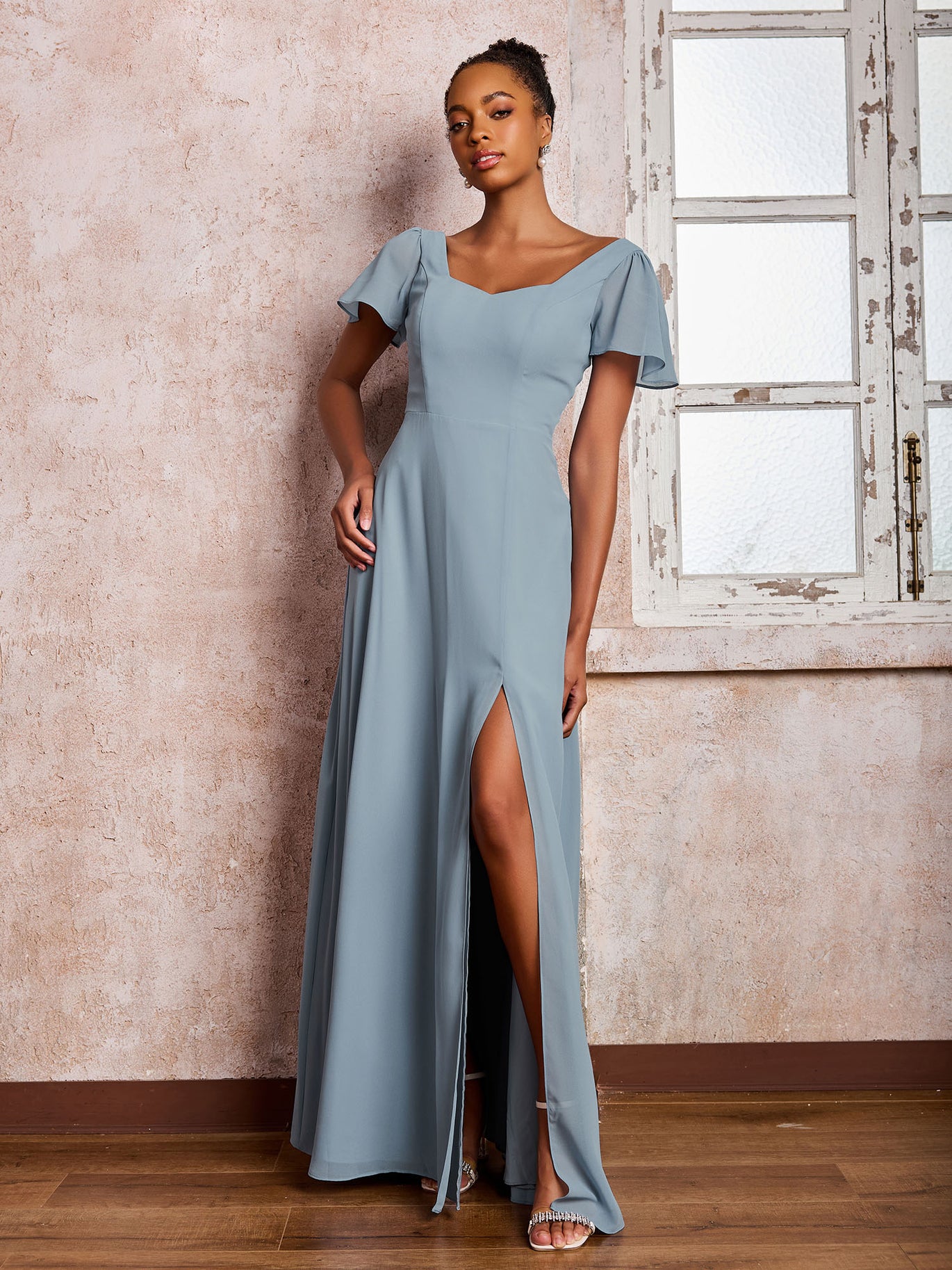 BABARONI Flutter Sleeves Chiffon Scoop A-line Dresses with Slit Taupe, Taupe / US0