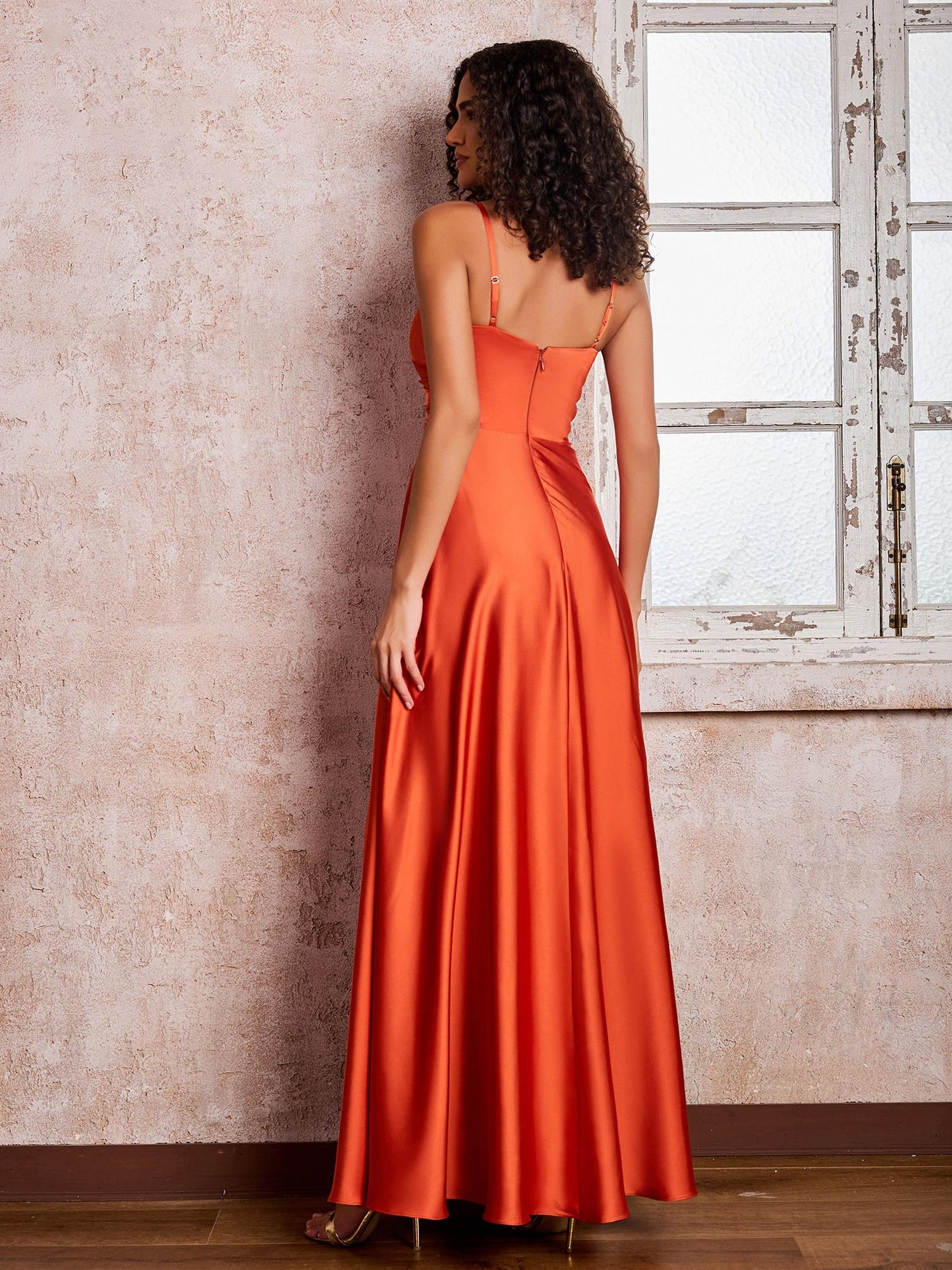 Burnt Orange Satin Maxi Bridesmaid Dresses BABARONI V-neck Spaghetti Straps Wedding Formal Gown with Pockets Burnt Orange Satin Maxi Bridesmaid Dresses BABARONI V-neck Spaghetti Straps Wedding Formal Gown with Pockets