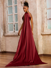 One Shoulder Sleeveless Long Dress With Ribbons Burgundy