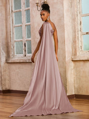One Shoulder Sleeveless Long Dress With Ribbons Dusty Rose