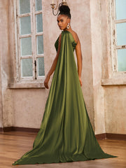 One Shoulder Sleeveless Long Dress With Ribbons Olive Green