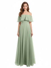 Off the Shoulder Chiffon Full Length Dress-Dusty Sage