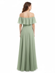 Off the Shoulder Chiffon Full Length Dress-Dusty Sage