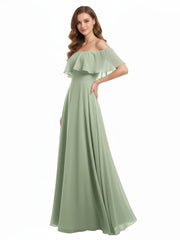 Off the Shoulder Chiffon Full Length Dress-Dusty Sage