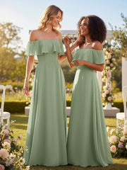 Off the Shoulder Chiffon Full Length Dress-Dusty Sage