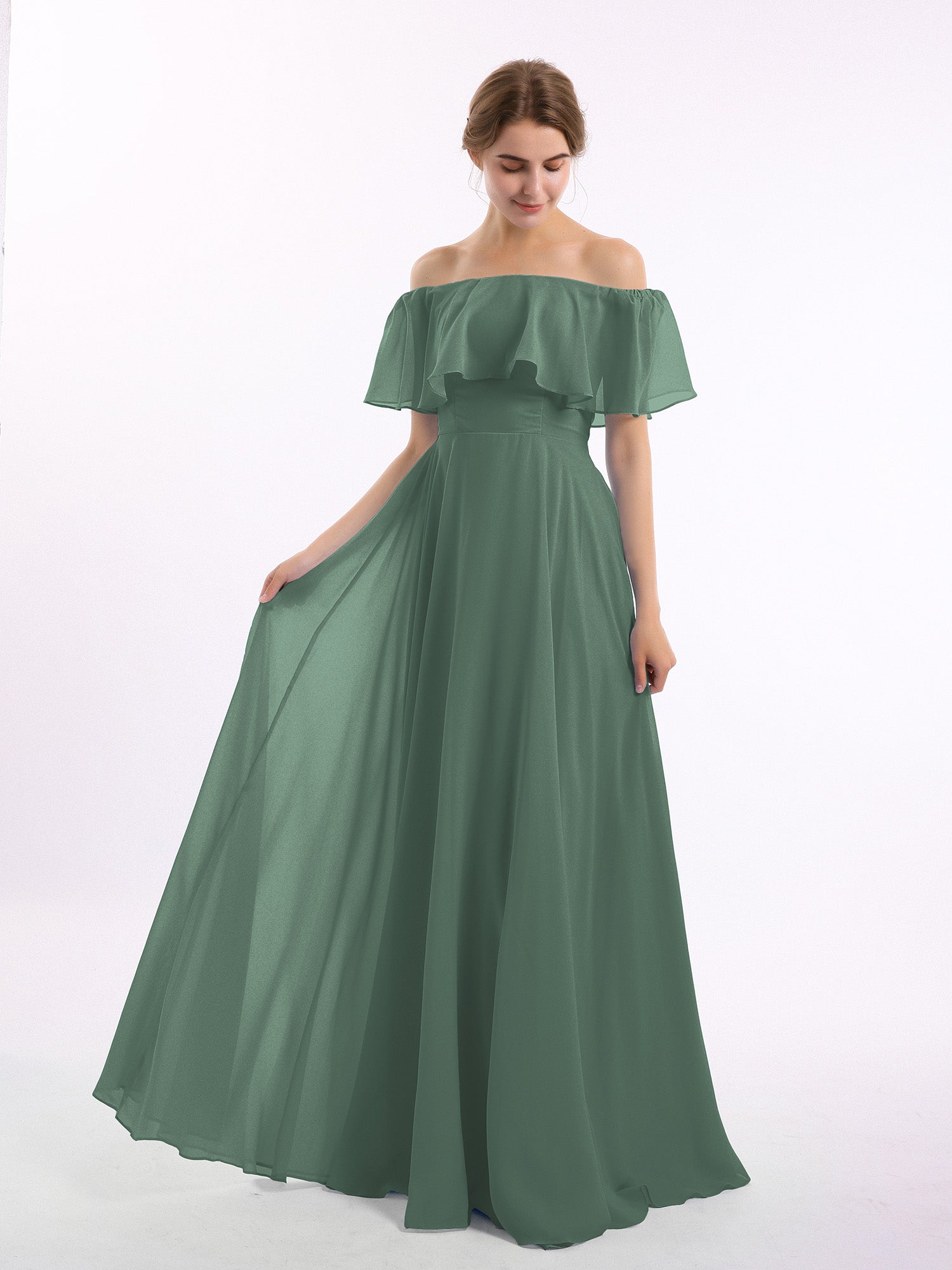 hazel bridesmaid dress BABARONI Chiffon Eucalyptus Dresses Off-the-shoulder Floor-length Short Pleated A-line, Eucalyptus / US0 Floral burnout dress