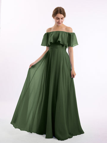 A-line One Shoulder Chiffon Max Dresses Olive Green