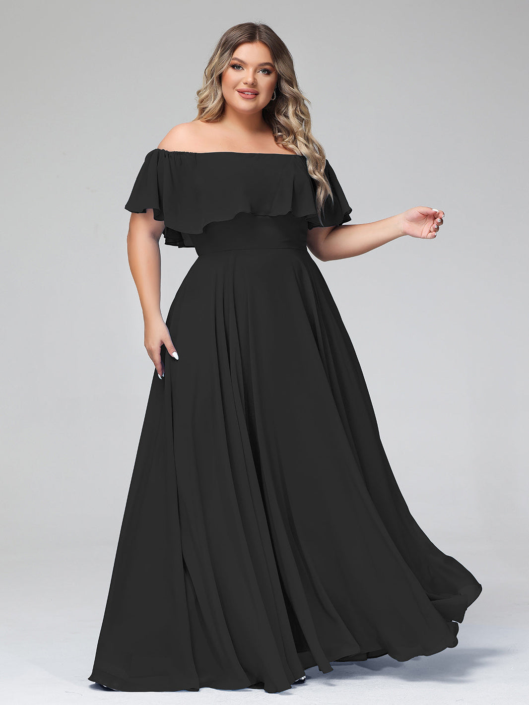 BABARONI Off the Shoulder Chiffon Full Length Dress-Black, Black / US0